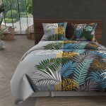 Parure housse de couette en coton 57 fils 260x240 cm jungle bleu par soleil docre Parure housse de couette en coton 57 fils 260x240 cm jungle bleu par soleil docre