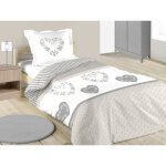 Parure housse de couette coton + taie coeur rosace rayures beige - gris manoir