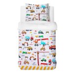 Parure de lit enfant - housse de couette 140x200 cm + 1 taie 50x75 cm motifs de camions / pelles excavatrices ...
