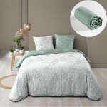 Parure de lit 240 x 220 cm ? rversible + drap housse coton 57 fils cassia sauge