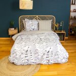 Parure de lit 240x220 cm pur coton alix motif v�g�tation blanc et noir 3 pi�ces
