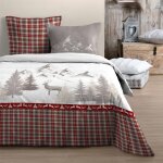 Housse de couette 240x220 cm 3 pi�ces coton - motif montagne rouge (sapins cerf carreaux)