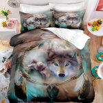 Parure de lit - mouton maison deco - attrape - r�ves animal loup - vert gris blanc - microfibre - 220x240 ...