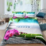 Parure de lit - mouton maison deco - zen bambous pierres fleurs - vert gris carmin blanc - microfibre ...