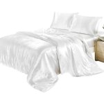 Parure de lit blanc en soie 220x240cm - satin 4 pices avec 2 taies doreiller 1 drap 1 housse de couette ...