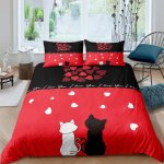Parure de lit chats coeurs rouge et noir cratif 220 * 240 cm 3 pieces 1 housse de couette et 2 taies ...