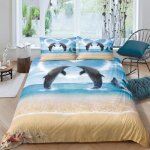 Parure de lit - mouton maison deco - couples de dauphins heureux - bleu blanc marron - microfibre - 220x240 ...