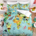 Parure de lit enfant carte du monde des animaux 140 * 200cm 3 pieces 1 housse de couette avec 2 taies ...