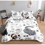 Parure de lit - imprim� chat de dessin anim� - 200x200 cm - 3 pi�ces - fermeture � glissi�re pratique ...