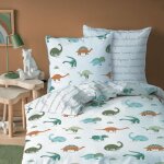 Parure de lit enfant 100% coton - matt & rose - dinos - blanc - 140x200 + 63x63cm