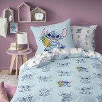 Parure de lit enfant 100% coton - disney stitch ananas - bleu / blanc - 140x200 + 63x63cm