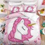 Parure de lit licorne rose avec des �toiles et coeurs 3d effet 140 * 200cm 3 pieces 1 housse de couette ...