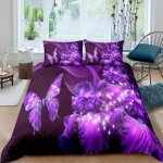 Parure de lit papillon et fleurs violettes 220 * 240cm 3d effet 3 pieces 1 housse de couette et 2 taies ...