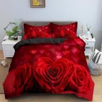 Parure de lit - mouton maison deco - roses rouges coeurs romantiques - rouge noir - microfibre - 220x240 ...