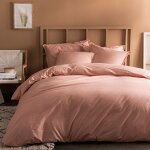Parure de lit unie 2 personnes taies � franges 100% coton - matt & rose - coton lav� - rose nude - 260x240 ...