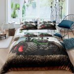 Parure de lit - mouton maison deco - voiture tracteur - noir vert rouge - microfibre - 220x240 cm