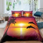 Paysage dauphins cocotier sous la coucher du soleil parure de lit 3 piece 1 housse de couette 200 * 200cm ...
