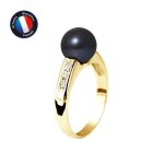 Bague - perlinea - perle de culture deau douce 8 - 9 mm - diamant - or jaune - noir