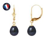 Boucles doreilles - perlinea - poires 7 - 8 mm - or jaune - perles de culture noires - garantie 2 ans ...