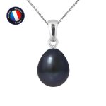 Pendentif - perlinea - v�ritable perle de culture noire 9 - 10 mm - or blanc - cha�ne argent 42 cm