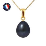 Pendentif - perlinea - v�ritable perle de culture deau douce noire 9 - 10 mm - or jaune - cha�ne 42 cm ...