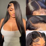 Perruque femme naturelle brsilien straight lace front wigs human hair noir cheveux 13x4 lace frontal ...