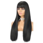 Perruque longue droite - salutuya - noir - douce et �lastique - avec frange - facile � entretenir