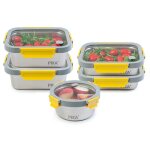 Lot de 5 boites alimentaires en inox - ronde : 650ml - rectangle : 2x 820ml + 2x1200ml - compatible micro ...