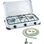 Rchaud gaz portable 3 feux 3450w blanc laqu couvercle plaque de cuisson + tuyau gaz kemper