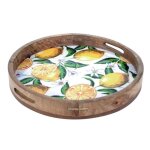 Plateau de service rond citrons avec poignes bois 35 cm 25179rgsg