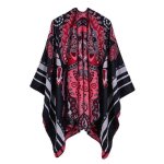 Poncho femmes - funmoon - simili laine - noir - imprim� rayure fleur - 130x150cm