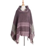 Poncho femme - hiver chaude - avec capuche rayure violet