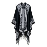 Poncho femme - insfity - simili laine - frange - noir blanc