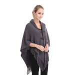 Poncho femme - leoclotho - double paisseur - chaud - col revers - frange