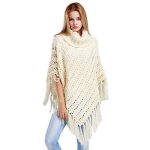 Poncho femme marque leoclotho tricot asymtrique col roul frange blanc