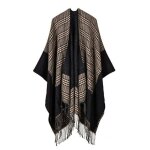 Poncho femme simili laine - insfity - motif carreaux frange - kaki