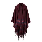 Poncho femme - zewow - cape jacquard automne - hiver - bordeaux - franges - asymtrique