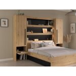 Pont de lit avec rangements et leds - l269 cm - coloris : naturel et noir - varly