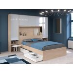 Pont de lit avec rangements - avec leds - l265 cm - coloris : blanc brillant et naturel - velona Pont de lit avec rangements - avec leds - l265 cm - coloris : blanc brillant et naturel - velona
