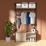 Portant dentr�e en bois et m�tal noir 110x200cm - rangement ferm� et pat�res