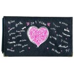 Porte chequier en cuir noir pour femme amour fleur rose