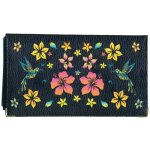 Porte chequier long en cuir noir pour femme colibri hibiscus orange