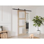 Porte coulissante avec systme en applique en bois et verre tremp dpoli - 3 fentres - h205 x l83 cm ...