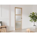 Porte coulissante avec systme  galandage en bois et verre tremp dpoli - 3 fentres - h205 x l83 cm ...