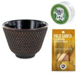 Porte - encens coupelle noir et dor� + sable blanc + b�tonnets palo santo