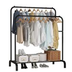 Porte manteau portant � v�tements penderie cintre tiges double avec �tag�re de rangement chaussures noir ...
