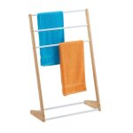Relaxdays porte - serviette sur pied 3 barres salle de bain chambre hlp : 98 x 62 x 30 cm bambou et fer ...