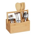 Relaxdays porte - ustensiles de cuisine bambou 4 compartiments avec poigne range - couverts serviettes ...