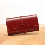 Portefeuille en cuir vritable pour femme boucle grande capacit antivol rouge