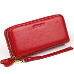 Portefeuille zipp double couche grand espace pour femme en cuir vritable simple pratique et de haute ...